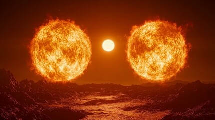 Wall Mural - breathtaking cosmic display of three fiery suns in a distant alien landscape at dusk
