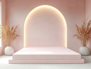 Poster - Minimalist Pink Platform Product Display with Soft Lighting and Pastel Background 3D Rendering