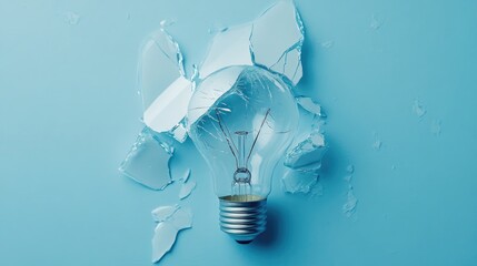Poster - A broken light bulb set against a minimalist blue background, symbolizing disruption and creativity in a modern, clean design.
