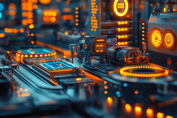 Poster - High tech factory with automated systems and glowing orange lights