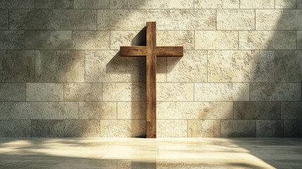 Aufkleber - A clean and minimalist space with a sunlit wooden cross against a textured stone wall, creating a simple yet striking spiritual setting.