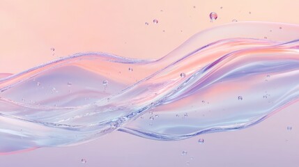 Poster - A close-up shot of transparent liquid forming delicate waves, with tiny bubbles floating against a soft gradient background of pastel shades.