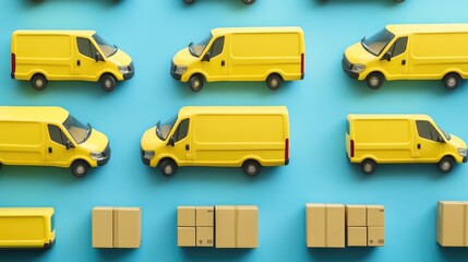 Poster - A colorful arrangement of yellow delivery vans with cardboard boxes on a blue background, illustrating the efficiency of modern delivery systems.