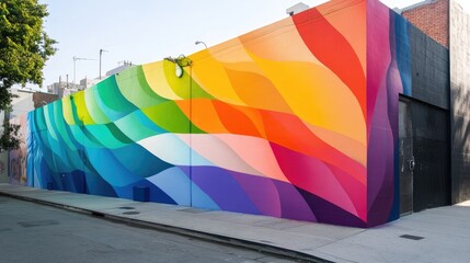 Poster - A colorful rainbow wall art installation against the urban backdrop, brightening up the street corner with its bold hues and creative expression.