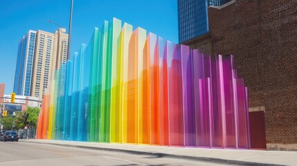 Poster - A colorful rainbow wall art installation against the urban backdrop, brightening up the street corner with its bold hues and creative expression.