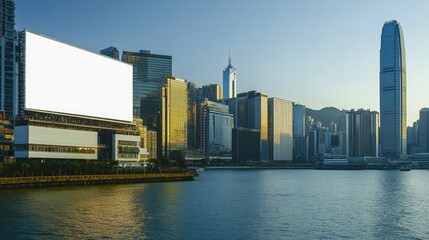 Poster - A contemporary cityscape with towering buildings and a blank billboard overlooking the serene waterfront, embodying modern architecture.