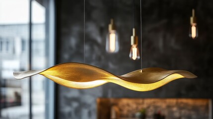Poster - A contemporary gold light fixture with a unique curved design, emitting warm, ambient light to add elegance and style to a room.