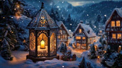 Poster - A cozy lantern with intricate designs glowing softly, casting light over a snowy village scene, evoking warmth amidst winter chill.
