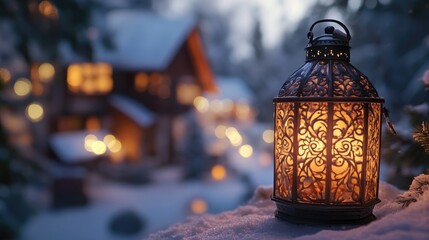Poster - A cozy lantern with intricate designs glowing softly, casting light over a snowy village scene, evoking warmth amidst winter chill.