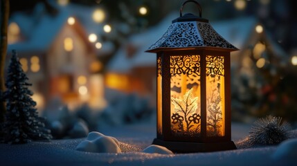 Poster - A cozy lantern with intricate designs glowing softly, casting light over a snowy village scene, evoking warmth amidst winter chill.