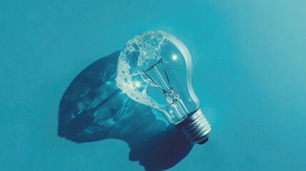 Poster - A cracked light bulb lying against a smooth blue background, capturing the beauty of imperfection and the transition from whole to fragmented.