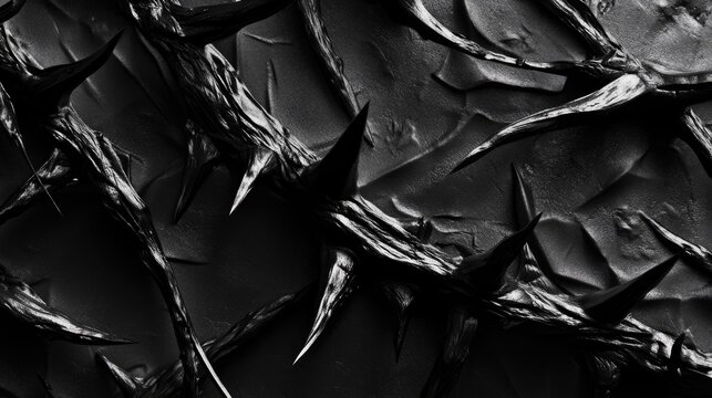 A detailed monochrome image of sharp thorns, capturing the contrast between light and shadow to emphasize the harsh textures of nature.