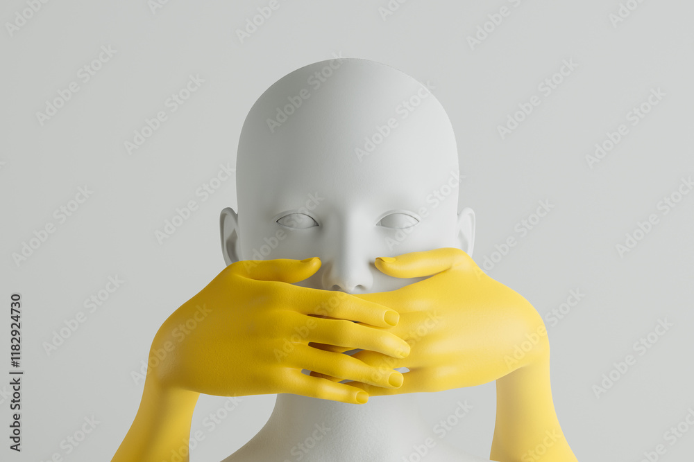 Mouth covering concept with hands to signify silence and restraint ...