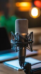 Professional studio condenser microphone on shock mount against blurred bokeh background, notebook visible, music recording equipment setup in home studio