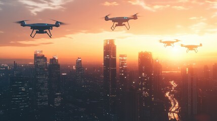 Poster - A futuristic city at sunset, with drones flying above the skyline, reflecting the technological progress of the modern world.