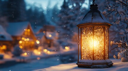 Poster - A glowing winter lantern with intricate details, illuminating a snowy village and adding warmth to the chilly, peaceful scene.
