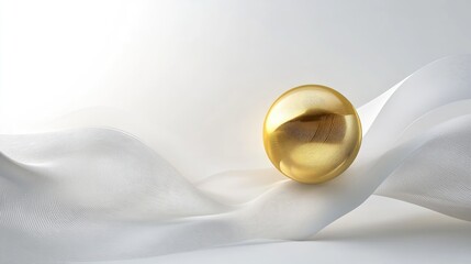 Poster - A golden sphere against an abstract white background with fluid waves, showcasing elegance and a sense of movement in a minimalist design.