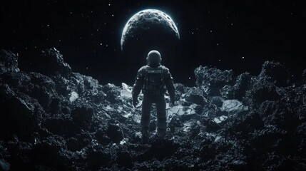 Wall Mural - astronaut standing on alien terrain with a glowing moon in the background in dark space environment