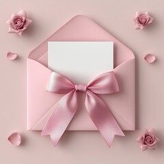 Poster - Pink envelope with satin ribbon and blank card on pastel background for romantic notes and gifts