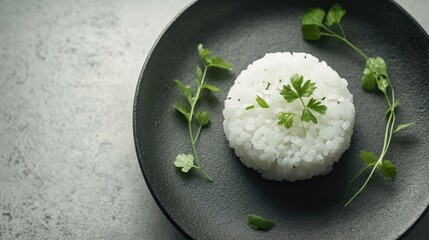 Poster - A minimalist Asian dish with fresh herbs and perfectly steamed rice, placed on a gray surface, emphasizing the subtle beauty of the cuisine