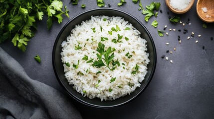 Poster - A minimalist Asian dish with fresh herbs and perfectly steamed rice, placed on a gray surface, emphasizing the subtle beauty of the cuisine