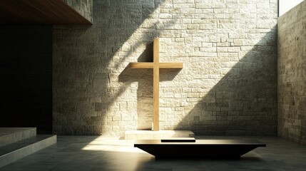 Aufkleber - A minimalist interior with a sunlit wooden cross, contrasted against a stone wall, evoking peacefulness and subtle elegance.