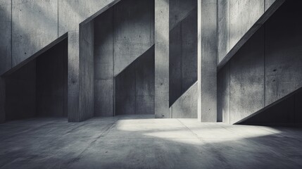 Poster - A minimalist modern space with overlapping dark concrete panels arranged in a geometric pattern, creating a bold and contemporary aesthetic.