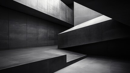 Poster - A minimalist modern space with overlapping dark concrete panels arranged in a geometric pattern, creating a bold and contemporary aesthetic.