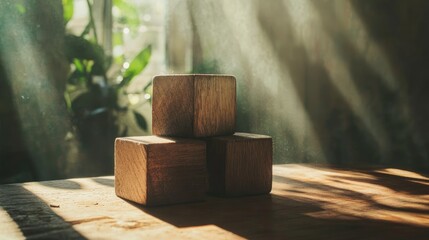 Poster - A minimalist scene of rustic wooden blocks stacked on a table, bathed in warm sunlight, evoking a sense of peace and simplicity.