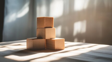 Poster - A minimalist scene of rustic wooden blocks stacked on a table, bathed in warm sunlight, evoking a sense of peace and simplicity.