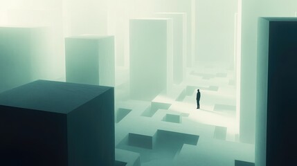 Poster - A minimalist scene showing a lone individual in a complex geometric maze, embodying the concept of solitude and personal challenge.