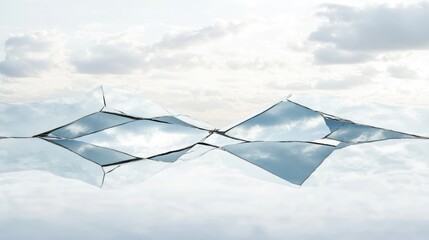 Poster - A minimalist shot of cracked mirror shards reflecting the sky against a clean white surface, creating a striking balance between chaos and calm.