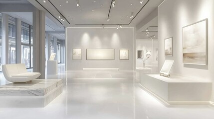 Poster - A minimalist white gallery with modern decor and graceful displays of art, offering a serene and elegant ambiance for contemporary exhibitions.
