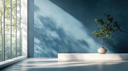 Aufkleber - A modern and calming interior with a sunlit minimalist blue wall and a natural stone base, evoking tranquility and simplicity.
