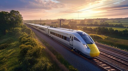 Poster - A modern high-speed train cutting through vibrant countryside at dusk, with vivid skies and a tranquil rural setting.
