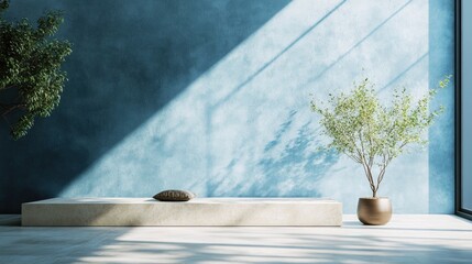 Aufkleber - A modern and calming interior with a sunlit minimalist blue wall and a natural stone base, evoking tranquility and simplicity.
