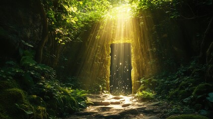 Poster - A mystical forest scene with a portal hidden among lush vegetation, illuminated by sunbeams and accompanied by a sparkling waterfall.