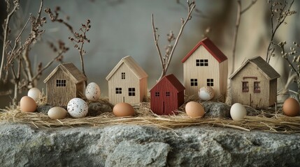Poster - A playful and rustic scene with miniature wooden houses on stone, adorned with cracked eggs and straw, offering a charming countryside vibe.