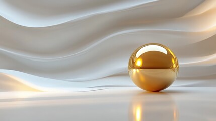 Poster - A polished golden sphere gracefully placed on a white wavy backdrop, reflecting light and creating a sophisticated minimalist design.
