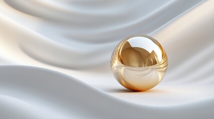 Poster - A polished golden sphere gracefully placed on a white wavy backdrop, reflecting light and creating a sophisticated minimalist design.
