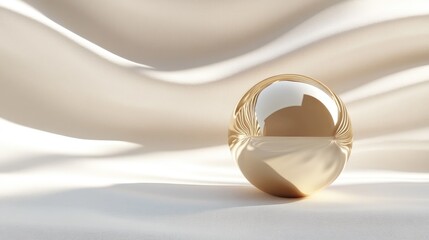 Poster - A polished golden sphere gracefully placed on a white wavy backdrop, reflecting light and creating a sophisticated minimalist design.