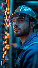 Poster - Technician wearing safety gear, inspecting control panel lights