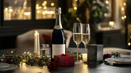 Poster - A romantic anniversary table set with champagne, a gift box, and soft lighting, evoking a festive and intimate celebration.