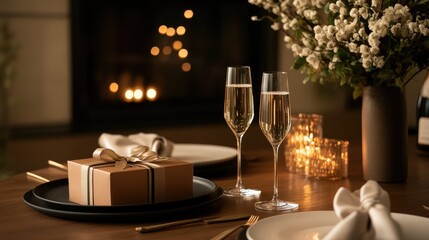 Poster - A romantic anniversary table set with champagne, a gift box, and soft lighting, evoking a festive and intimate celebration.