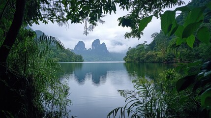 Aufkleber - A scenic view of three distinct rocks in the tranquil waters of Cheow Lan Lake, framed by the lush jungle of Khao Sok National Park.