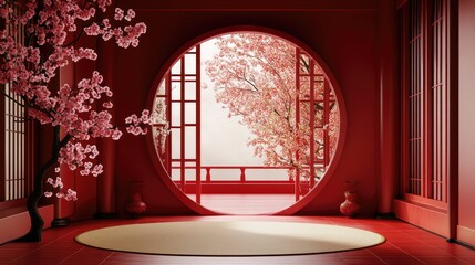 Poster - A serene and elegant red interior with a circle frame, showcasing cherry blossoms in an Asian-inspired decorative style for a peaceful ambiance.