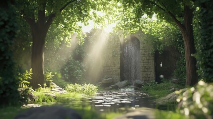 Poster - A serene enchanted forest portal with dense greenery and a sunlit waterfall, inviting a sense of magic and tranquility into the scene.