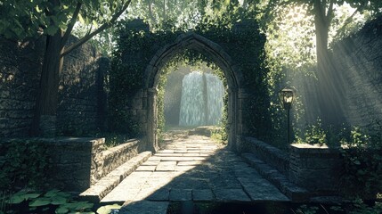 Poster - A serene enchanted forest portal with dense greenery and a sunlit waterfall, inviting a sense of magic and tranquility into the scene.