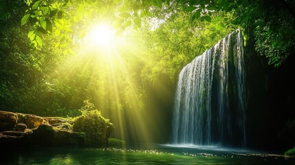 Poster - A serene enchanted forest portal with dense greenery and a sunlit waterfall, inviting a sense of magic and tranquility into the scene.
