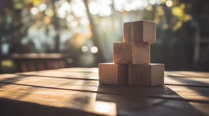 Poster - A serene scene of rustic wooden blocks stacked in soft sunlight, placed on a wooden table, emphasizing simplicity and natural beauty.
